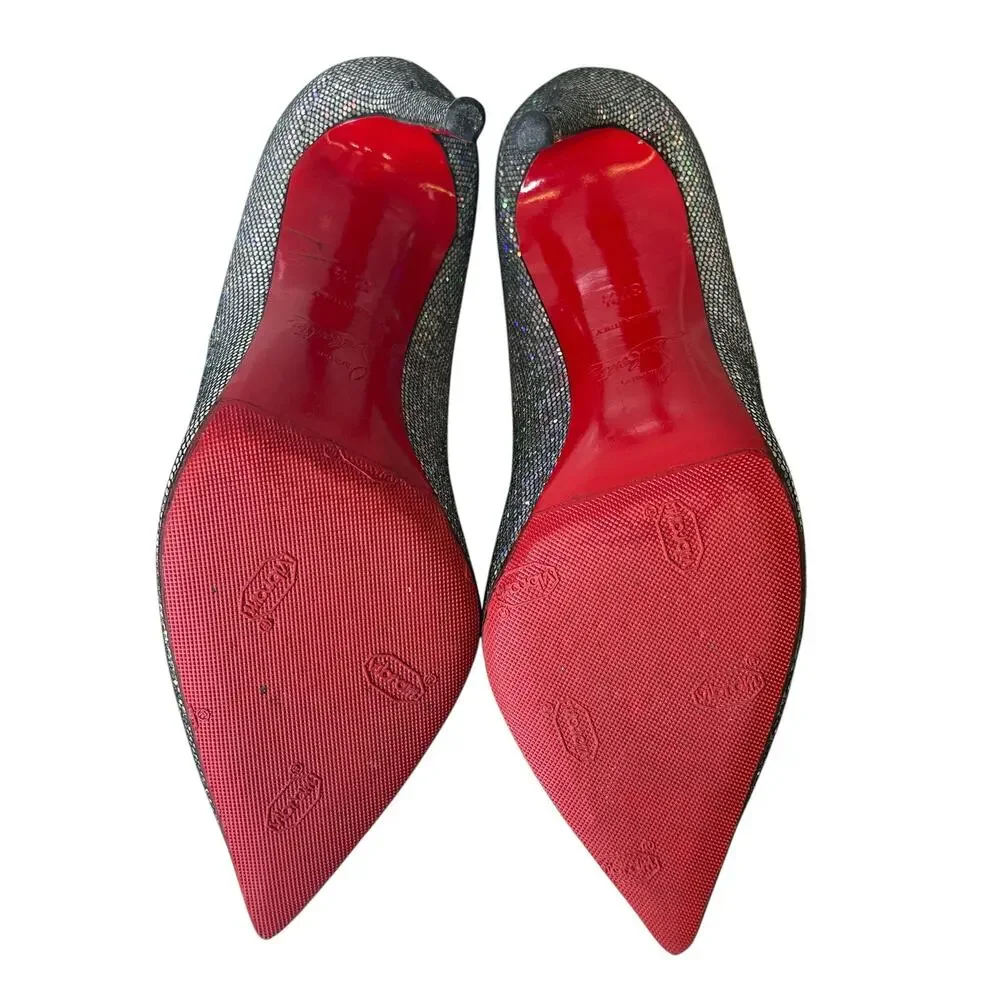 Christian Louboutin Silver Holographic Glitter Mesh Pointed Toe Pumps - 37.5